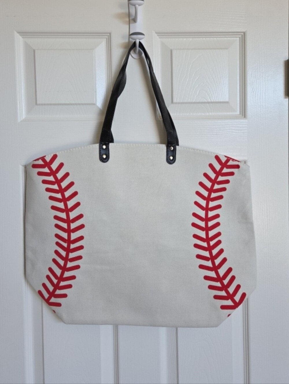 Canvas Baseball Stitch Tote Bag in Red and White